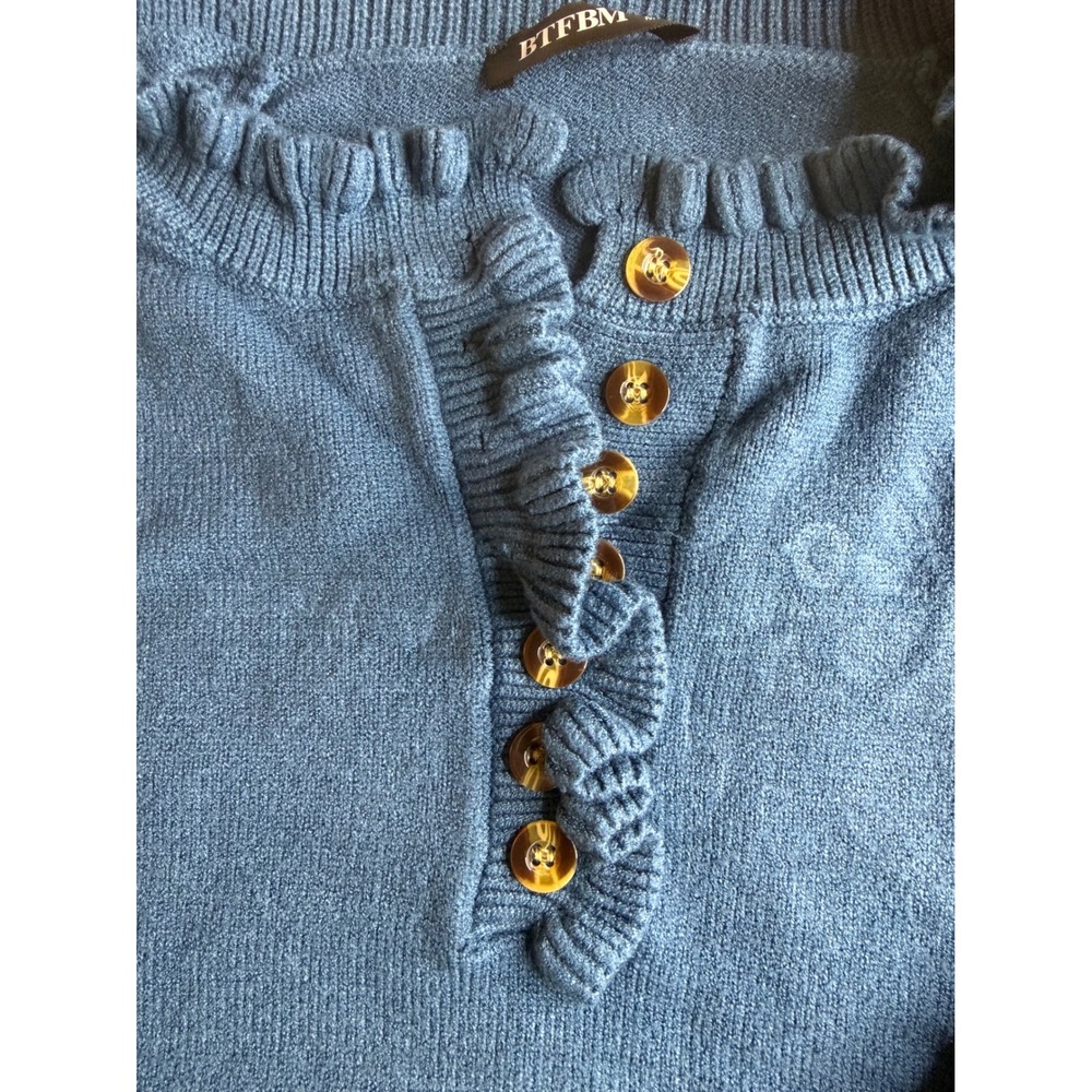 BTFBM Blue Ruffle Button Neck Long Sleeve Sweater Womens Size Medium - Picture 3 of 5